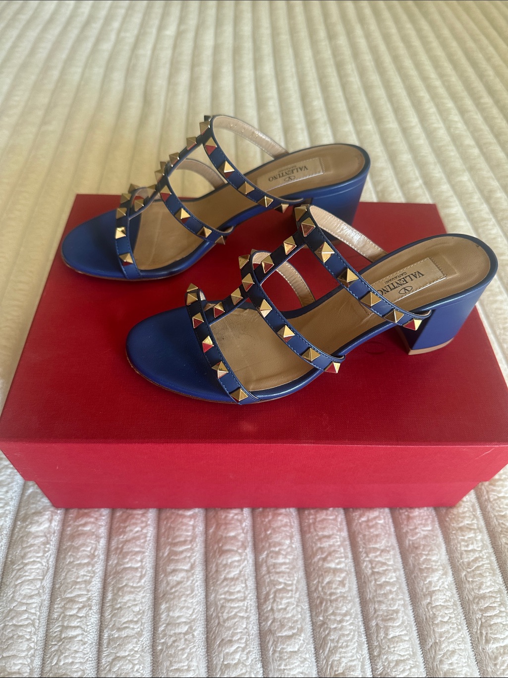 Valentino Garavani Royal Blue Rockstud Block Heel Sandals